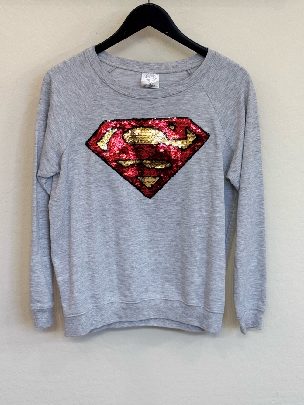 DC Comics Superman Sequin Logo Gray Pullover Sweatshirt Women's Large L/G